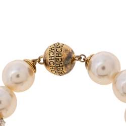 Pre Owned Carolina Herrera CH Faux Pearl Crystals Gold Tone Metal Bracelet