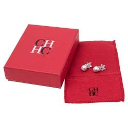 Pre Owned Carolina Herrera Crystal Jasmine Faux Pearl Sterling Silver Drop Earrings