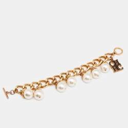 Pre Owned CH Carolina Herrera Faux Pearl Gold Tone Toggle Bracelet