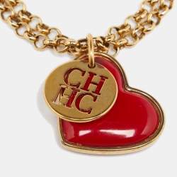 Pre Owned CH Carolina Herrera Heart Charm Gold-Tone Bracelet