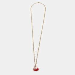 Pre Owned CH Carolina Herrera Gold Tone Red Enamel Heart Pendant Necklace
