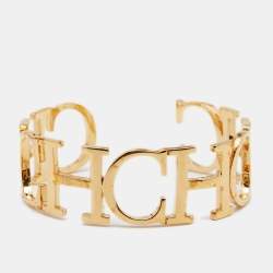 Pre Owned CH Carolina Herrera Gold Tone Between the Line Open Cuff Bracelet
