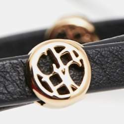 Pre Owned Carolina Herrera CH Leather Gold Tone Metal Bracelet