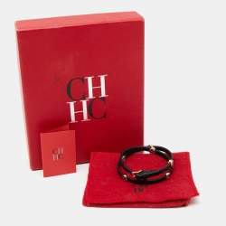 Pre Owned Carolina Herrera CH Leather Gold Tone Metal Bracelet