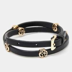 Pre Owned Carolina Herrera CH Leather Gold Tone Metal Bracelet