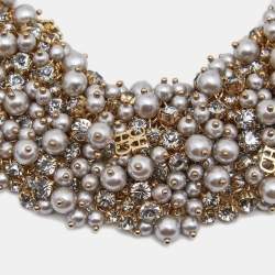 Pre Owned CH  Carolina Herrera CH Grey Faux Pearl Crystal Gold Tone Necklace