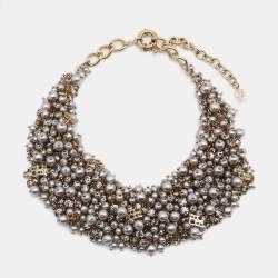 Pre Owned CH  Carolina Herrera CH Grey Faux Pearl Crystal Gold Tone Necklace