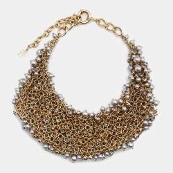 Pre Owned CH  Carolina Herrera CH Grey Faux Pearl Crystal Gold Tone Necklace