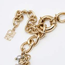 Pre Owned CH  Carolina Herrera CH Grey Faux Pearl Crystal Gold Tone Necklace