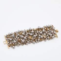 Pre Owned CH  Carolina Herrera CH Grey Faux Pearl Crystals Gold Tone Metal Bracelet