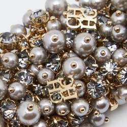 Pre Owned CH  Carolina Herrera CH Grey Faux Pearl Crystals Gold Tone Metal Bracelet