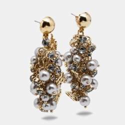 Pre Owned  CH Carolina Herrera CH Grey Faux Pearl Crystal Gold Tone Metal Dangle Earrings