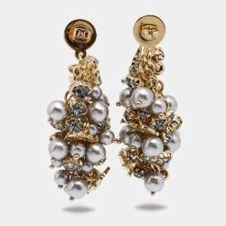 Pre Owned  CH Carolina Herrera CH Grey Faux Pearl Crystal Gold Tone Metal Dangle Earrings