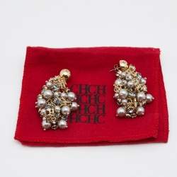 Pre Owned  CH Carolina Herrera CH Grey Faux Pearl Crystal Gold Tone Metal Dangle Earrings