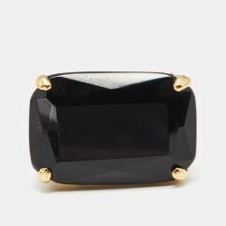 Pre Owned CH Carolina Herrera Opaque Black Faceted Stone Gold Tone Ring Size 55