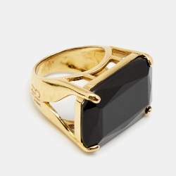 Pre Owned CH Carolina Herrera Opaque Black Faceted Stone Gold Tone Ring Size 55