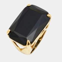 Pre Owned CH Carolina Herrera Opaque Black Faceted Stone Gold Tone Ring Size 55