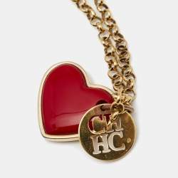 Pre Owned Carolina Herrera CH Logo Red Enamel Gold Tone Heart Pendant Necklace