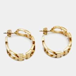 Pre Owned CH Carolina Herrera Logo Heart Gold Tone Hoop Earrings