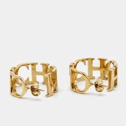 Pre Owned CH Carolina Herrera Logo Heart Gold Tone Hoop Earrings