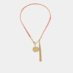 Carolina Herrera Gold Tone Braided Medallion Pendant Tassle Necklace
