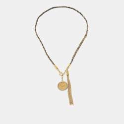 Pre Owned Carolina Herrera Black Braided Two Tone Medallion Pendant Necklace