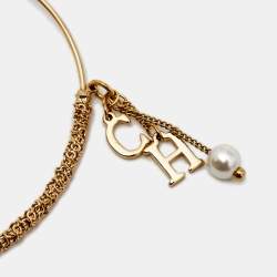 Pre Owned CH Carolina Herrera Logo Bead Charm Gold Tone Bracelet