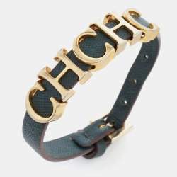 CH Carolina Herrera Forest Green Leather Logo Charms Wrap Bracelet