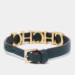 CH Carolina Herrera Forest Green Leather Logo Charms Wrap Bracelet