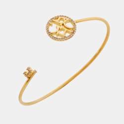 Pre Owned Carolina Herrera CH Key Logo Crystals Gold Tone Open Cuff Bracelet