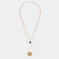 Pre Owned  Carolina Herrera CH Crystals Quartz Faux Pearl Capricon Gold Tone Zodiac Pendant Necklace