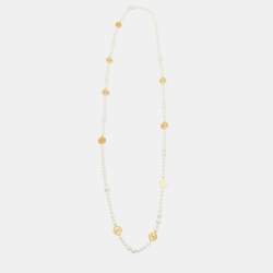 Pre Owned CH Carolina Herrera Faux Pearl Logo Medallion Long Station Necklace