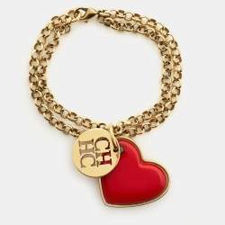 Pre Owned CH Carolina Herrera Gold-Tone Red Enamel Heart Charm Bracelet