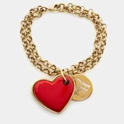 Pre Owned CH Carolina Herrera Gold-Tone Red Enamel Heart Charm Bracelet