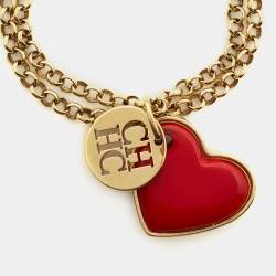 Pre Owned CH Carolina Herrera Gold-Tone Red Enamel Heart Charm Bracelet
