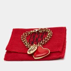 Pre Owned CH Carolina Herrera Gold-Tone Red Enamel Heart Charm Bracelet