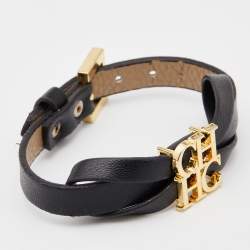 Pre Owned CH Carolina Herrera Black Leather Logo Bow Bracelet