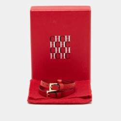 Pre Owned CH Carolina Herrera Red Logo Embossed Double Wrap Leather Bracelet