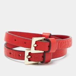 Pre Owned CH Carolina Herrera Red Logo Embossed Double Wrap Leather Bracelet