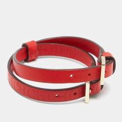 Pre Owned CH Carolina Herrera Red Logo Embossed Double Wrap Leather Bracelet