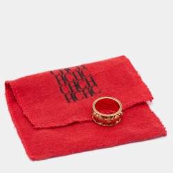 Pre Owned CH Carolina Herrera Gold Tone Logo Band Ring Size 57