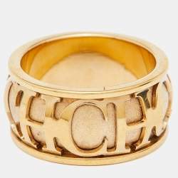 Pre Owned CH Carolina Herrera Gold Tone Logo Band Ring Size 57