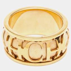 Pre Owned CH Carolina Herrera Gold Tone Logo Band Ring Size 57
