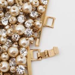 Pre Owned CH Carolina Herrera CH Crystal Faux Pearl Gold Tone Wide Bracelet 