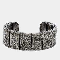 مملوكة مسبقًا CH Carolina Herrera Crystal Logo Gunmetal Tone Open Cuff Bracelet