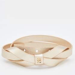 Pre Owned CH Carolina Herrera Gold Leather Bow Slim Waist Belt 75CM