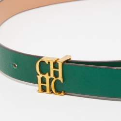 Pre Owned CH Carolina Herrera Green/Beige Leather CHHC Slim Belt 85CM