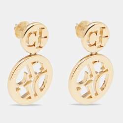 Pre Owned CH Carolina Herrera Gold Tone Logo Initials Dots Drop Earrings