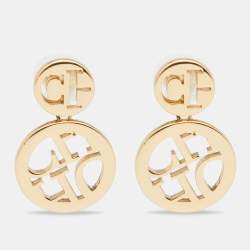 Pre Owned CH Carolina Herrera Gold Tone Logo Initials Dots Drop Earrings