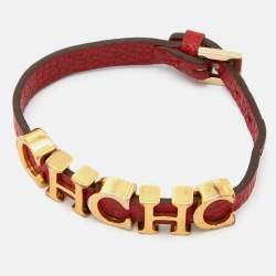 Pre Owned CH Carolina Herrera Red Leather Logo Wrap Bracelet